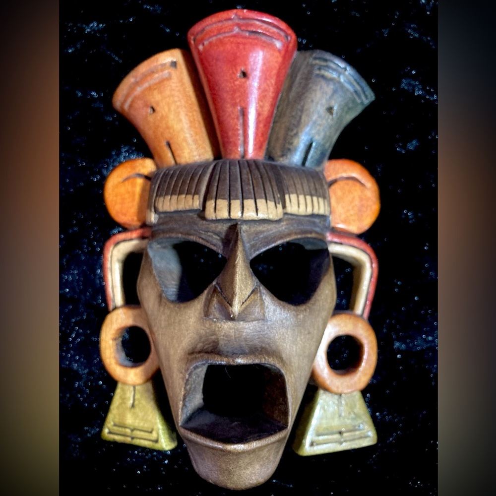 Hand Carved Mayan Wood Mask Aztec Incan Tribal Primitive Wall Decor - Picture 4 of 12